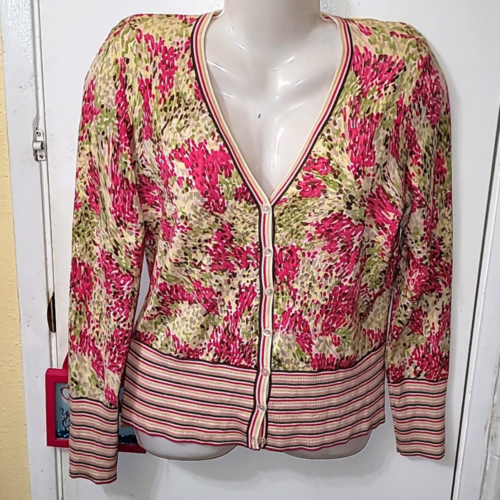 Silk cardigan floral striped button down v neck multicolored 90's y2k b20